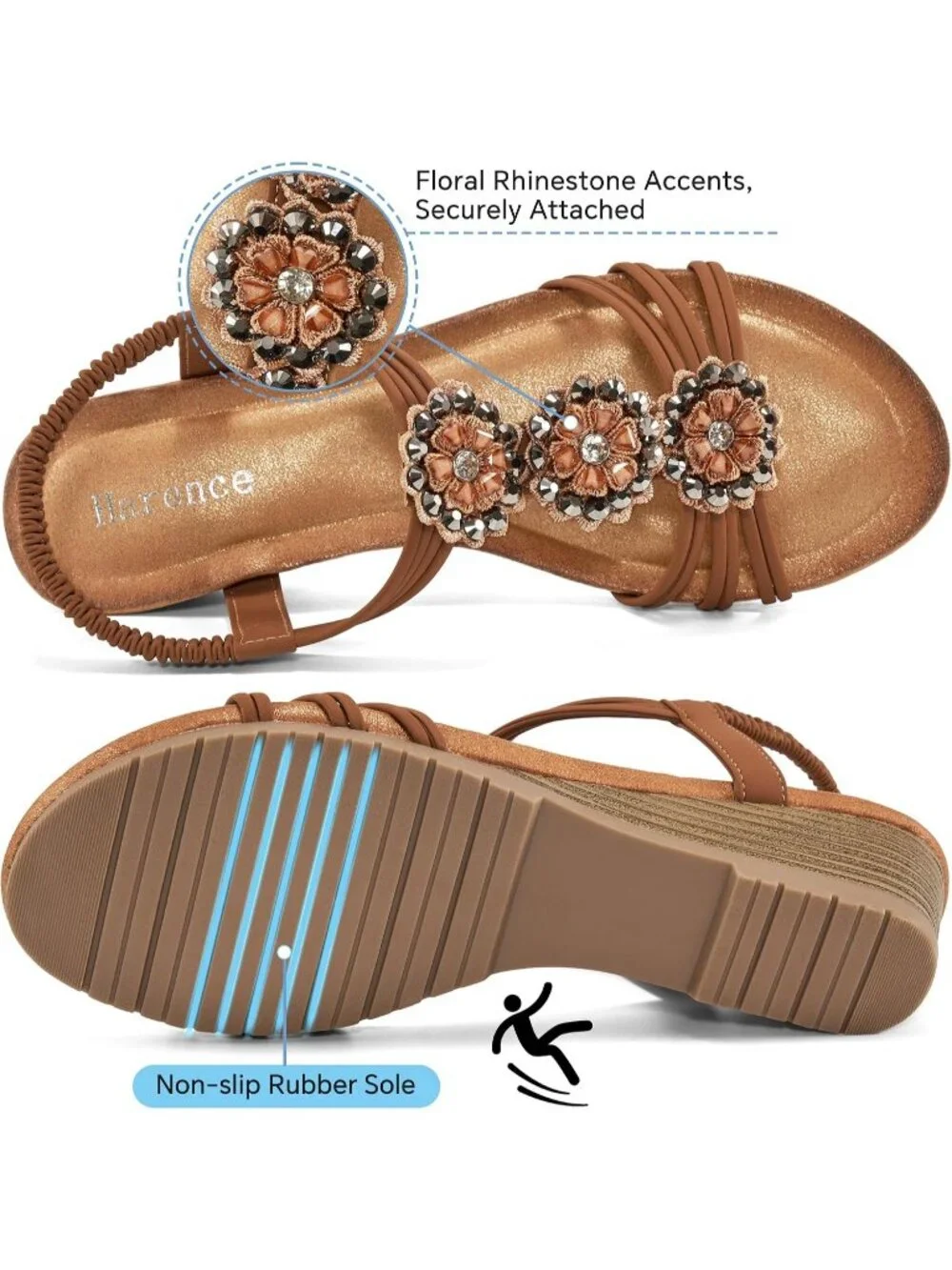 Women's Brown Floral Rhinestone Elastic Slingback Low Wedge Heel Sandals Shoes